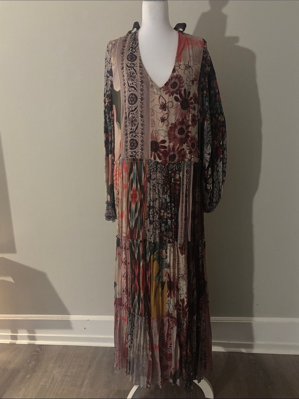 Anthropologie Mixed Floral Patchwork Maxi Dress - Pink, Green, Yellow